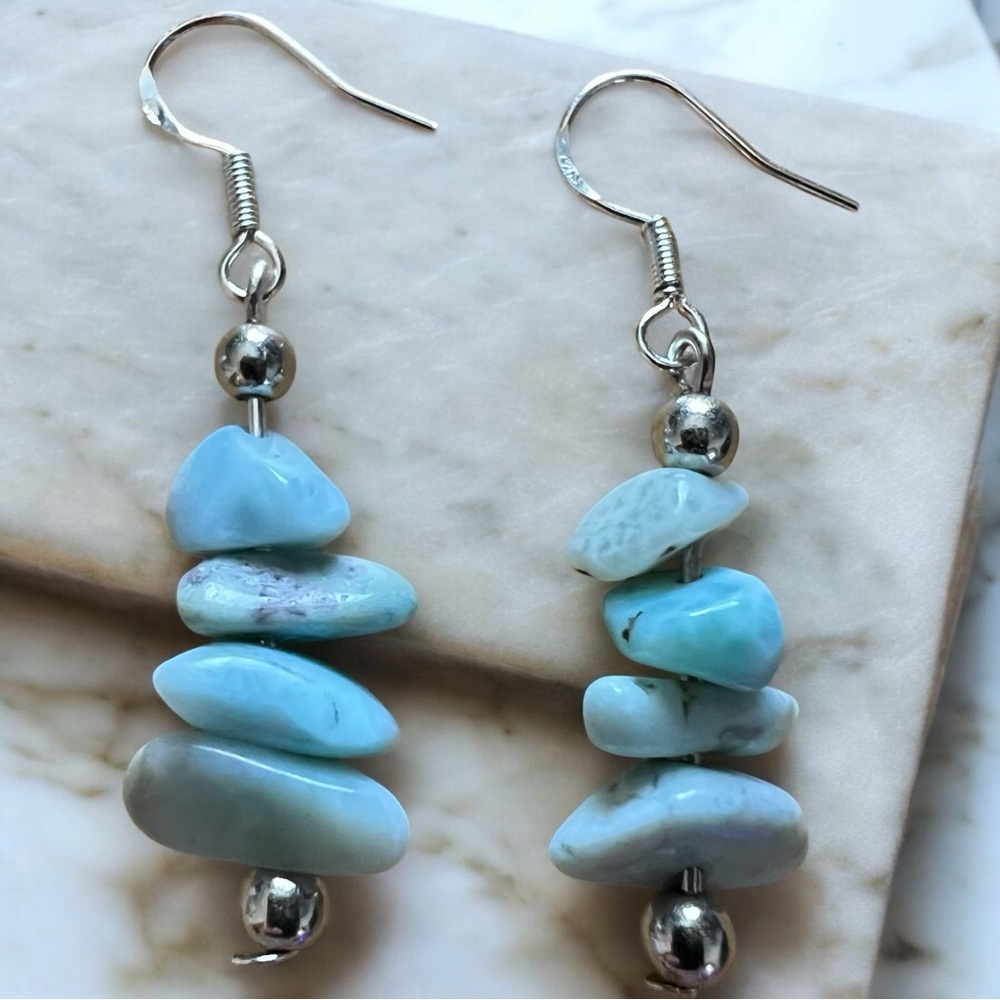 New Blue Larimar Stone Polished Chip Silver Hook Earrings
